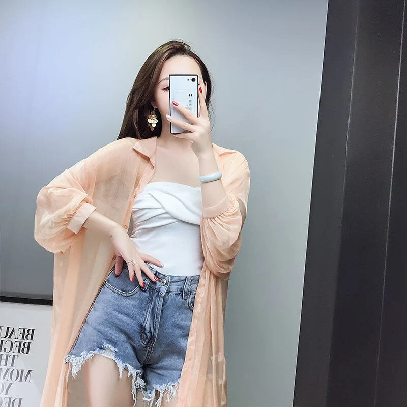 Hulianfu Women Blouse Sun Protection Fashion Long Lantern Sleeve Outerwear Sheer All-match Thin Beach Street Comfort Korean Style Leisure - Deanwangkt