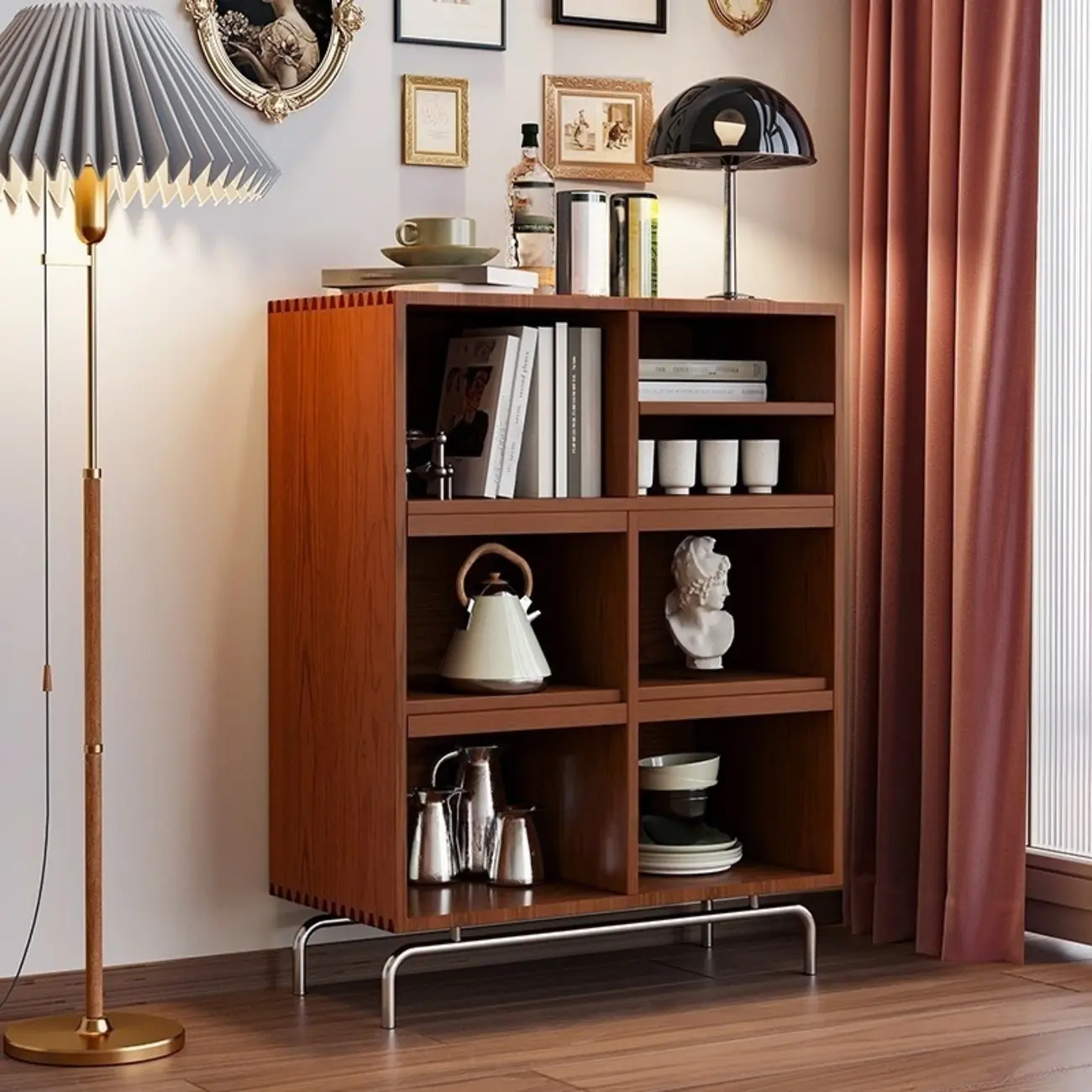 Living Room Brown Wooden Metal Legs Accent Cabinet