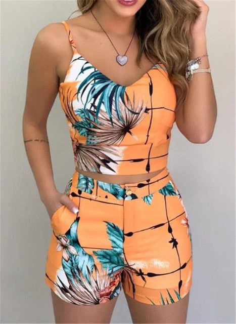 Fashion Women Shorts Suits 2Pieces Sets Summer Office Lady Floral Strap Tank Crop Top+High Waist Button Shorts Female Outfits - Deanwangkt