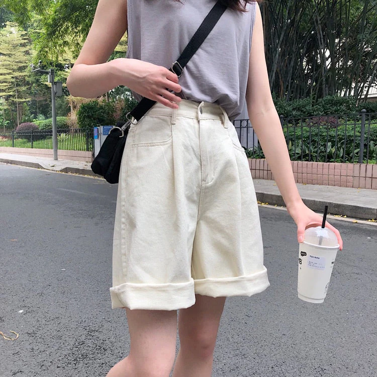 Flectit Bermuda Shorts Women High Waist Wide Leg Soft Denim Shorts Summer Student Girl Casual Outfits - Deanwangkt