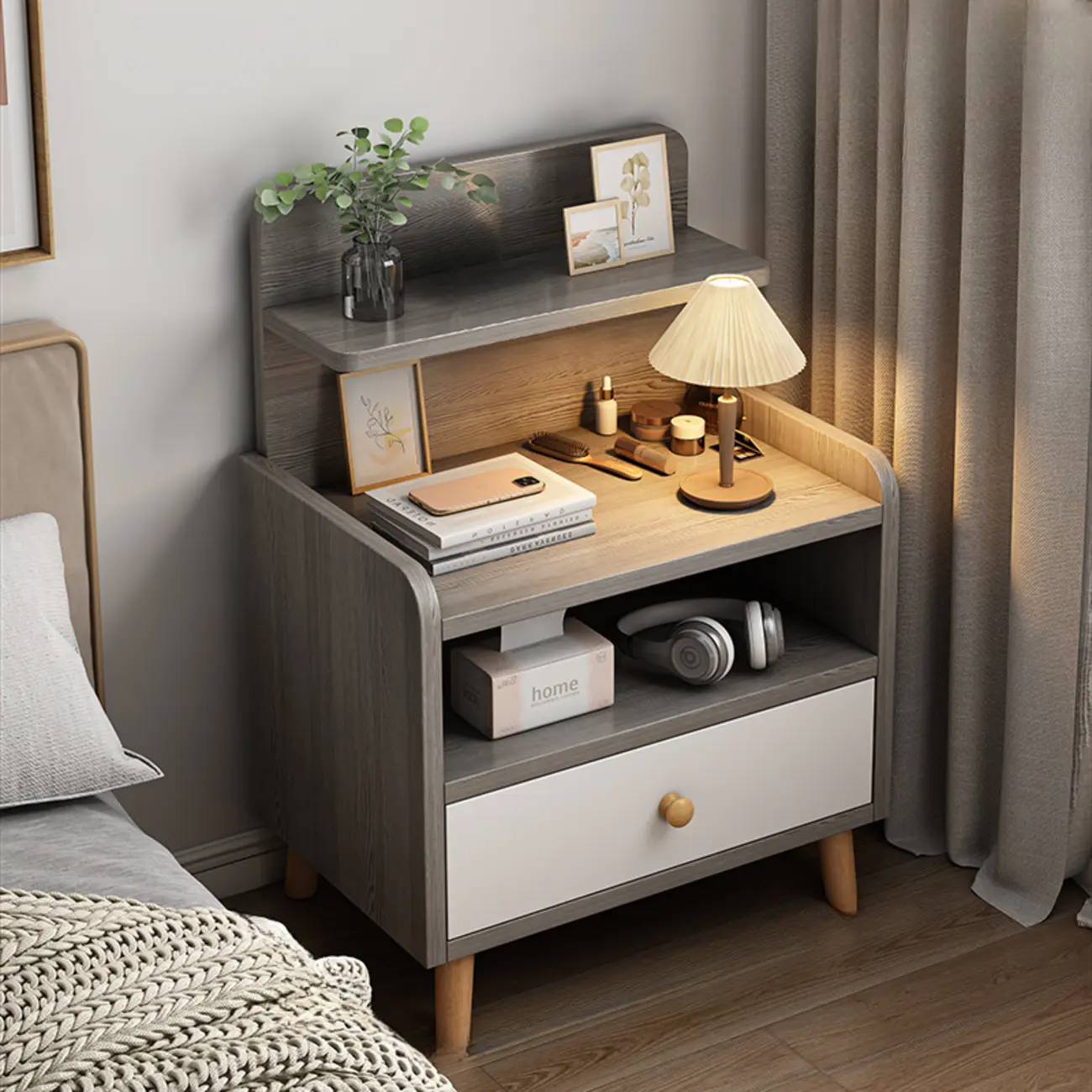 Modern Wooden Three-layer Bedside Table with Lamp Shelf