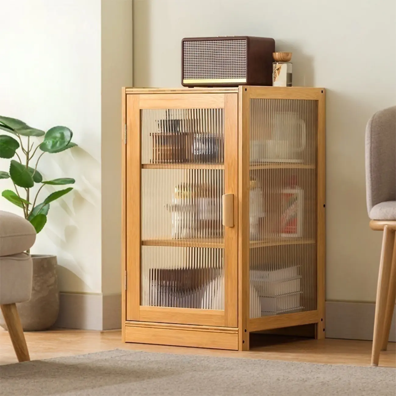 Narrow Adjustable Scandinavian Bamboo Glass Curio Cabinet