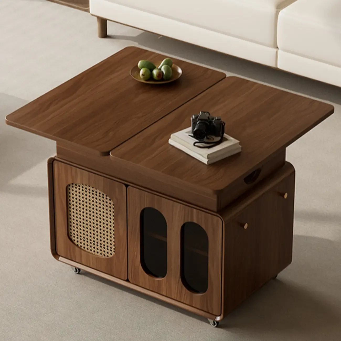 Elegant Brown Rolling Wood Side Table Adjustable Top