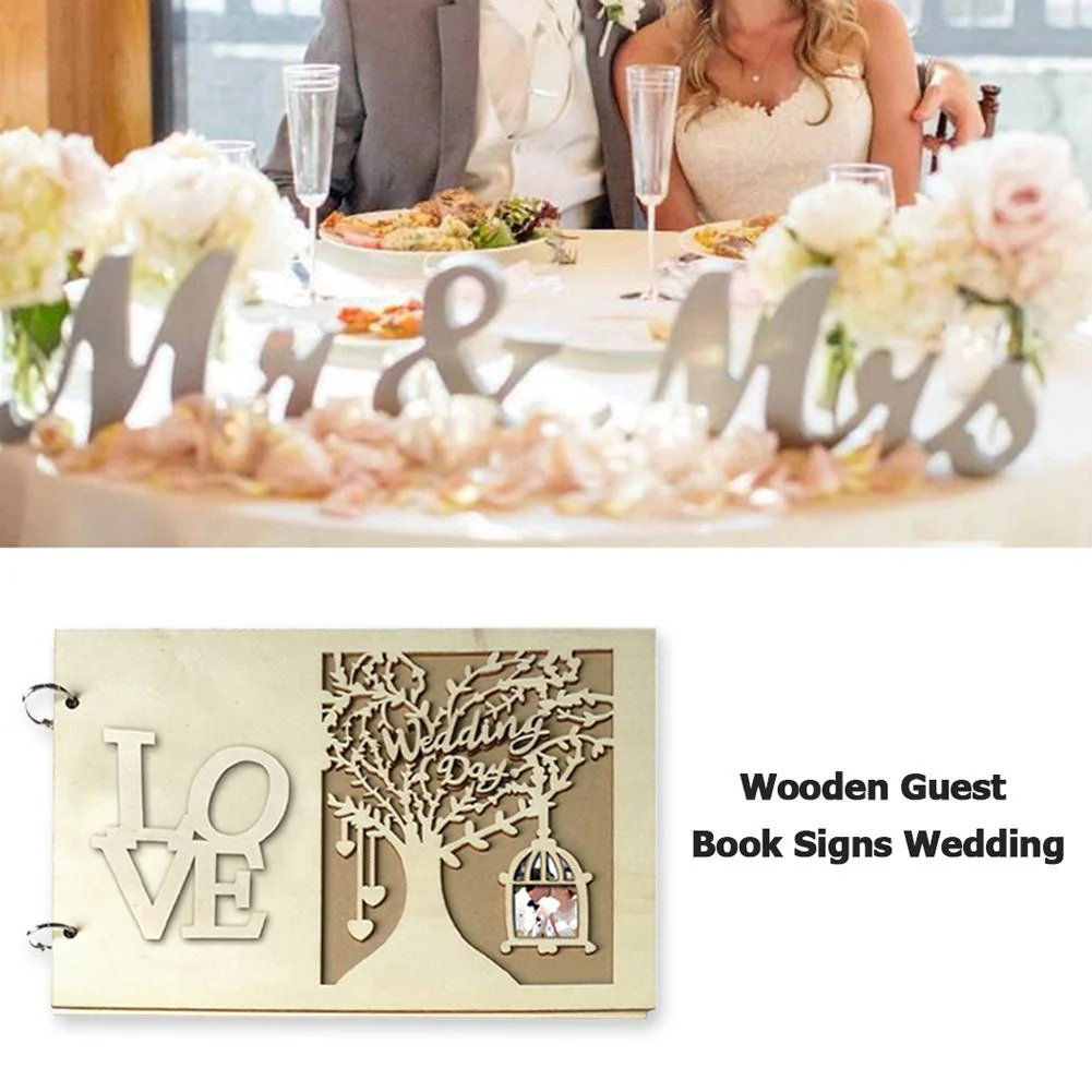 HULIANFU Wedding Guest Book Wooden Heart Hollow Engagement Guestbook Name Sign Board 20 Inside Pages Log Color Good-Looking Appearance - Deanwangkt