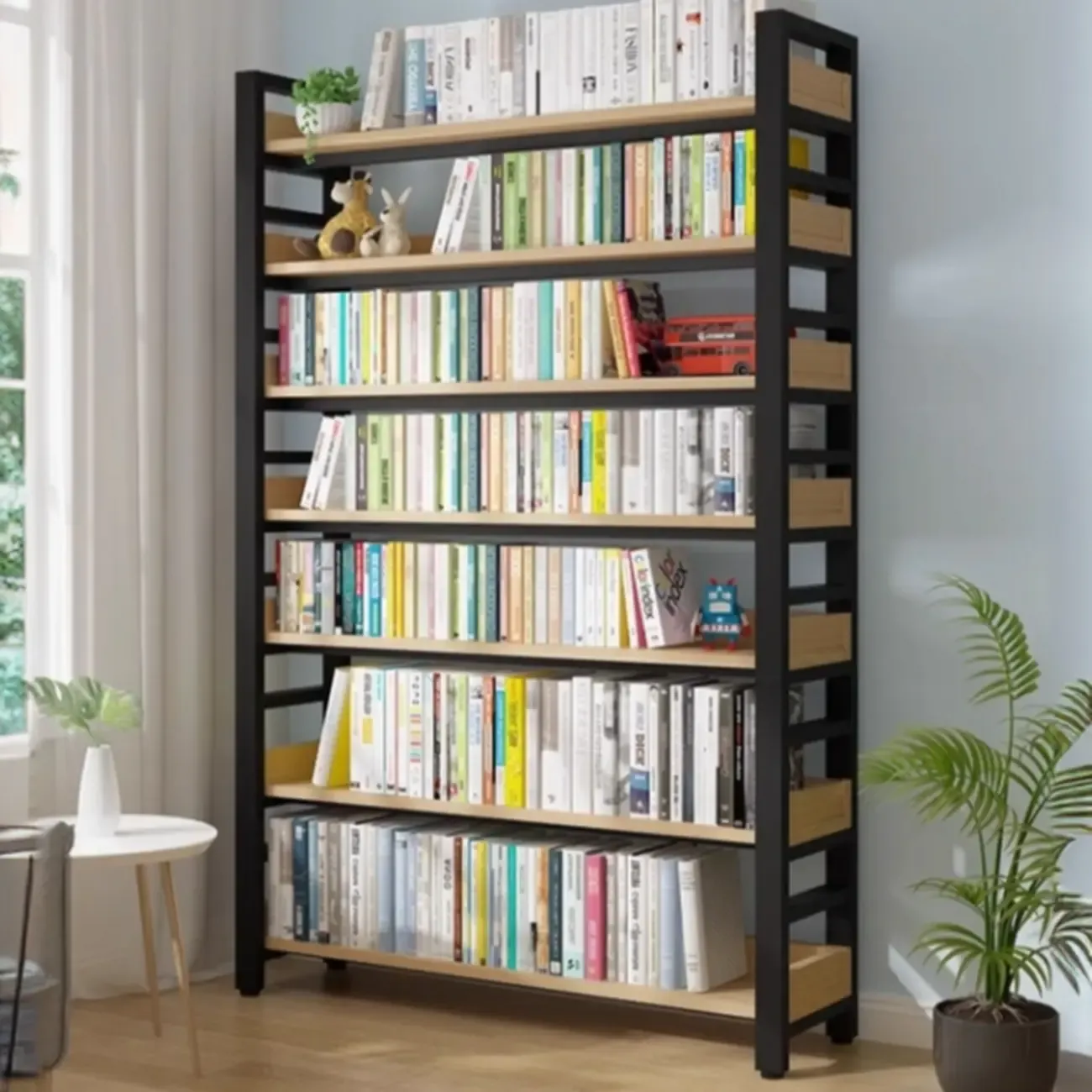 Freestanding Simple Multi-Layer Wood Bookshelf in Steel Frame