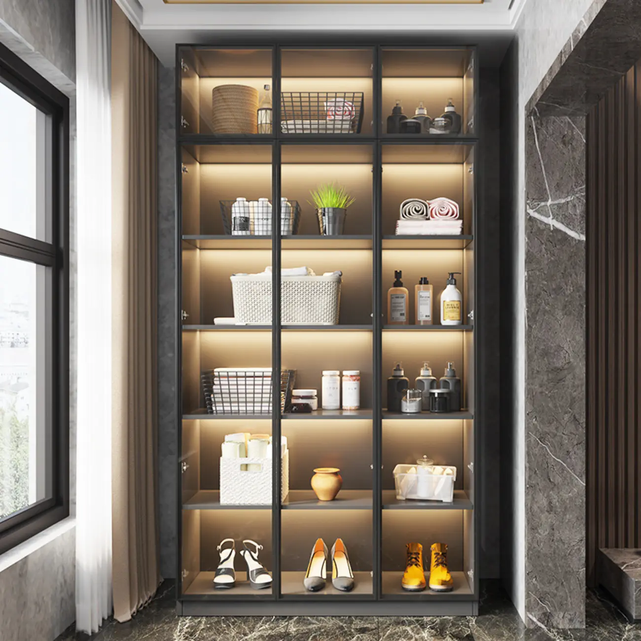 Freestanding Grey Wood Glass Display Cabinet with Light