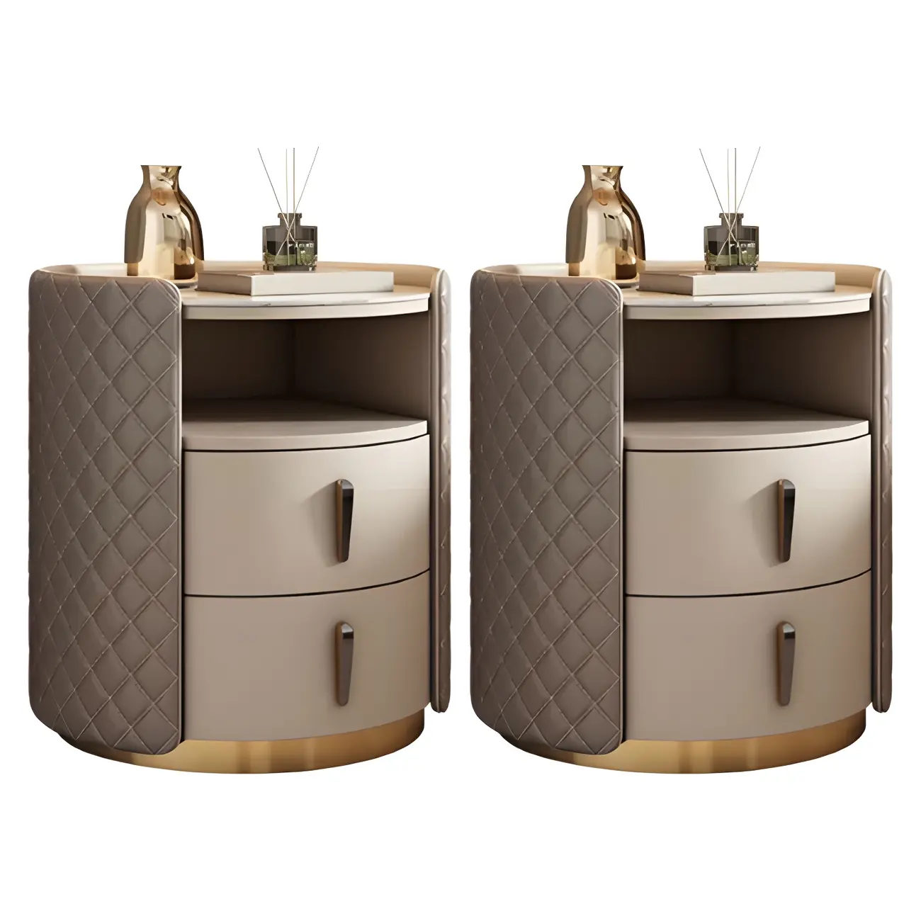 Modern Beige Faux Leather Nightstand with Drawers