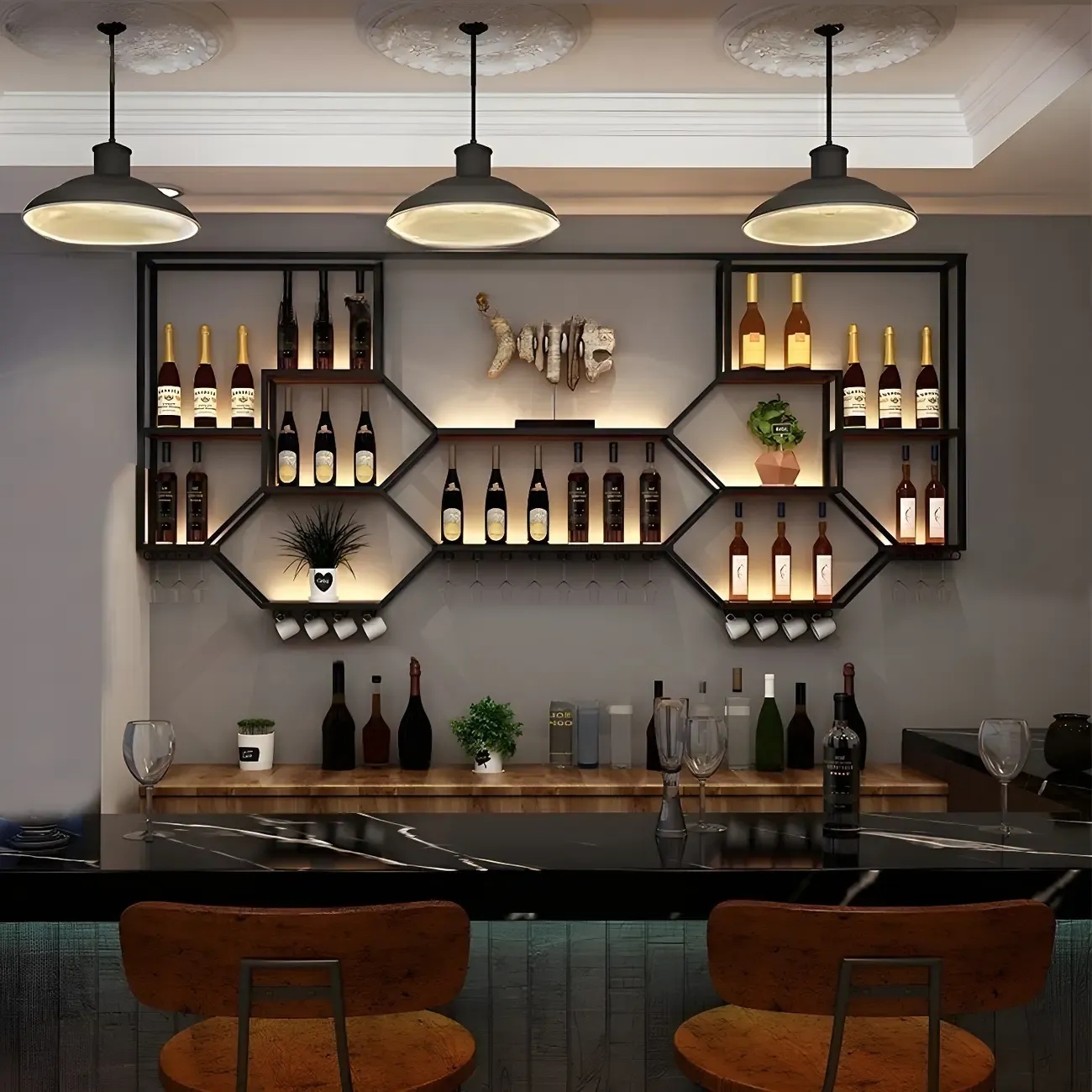 Black Metal Wall-Mounted Lighted Wine Rack
