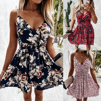 Hulianfu sexy spaghetti strap Floral print beach mini dress women 2026  summer casual Elastic waist dresses for women robe femme - Deanwangkt