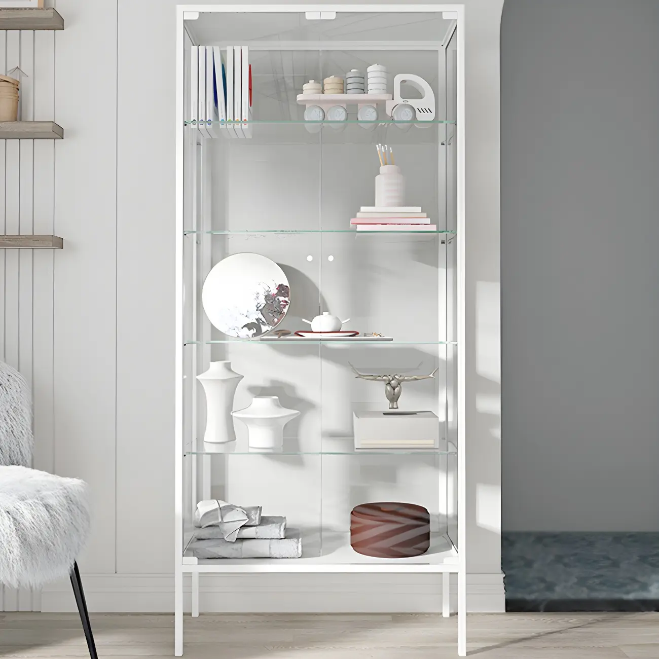 Black Metal Frame Glass Shelves Curio Cabinet