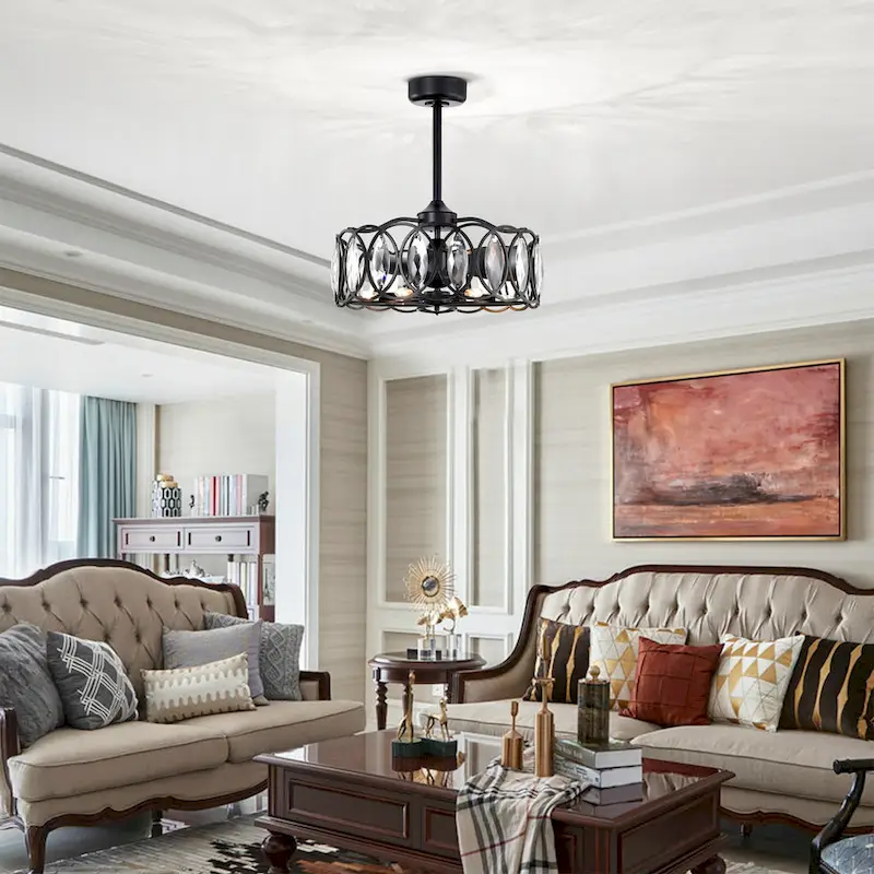 Dakanda 24 Inch Matte Black finish 6 Light, 3 Blade Crystal Ceiling Fandelier with Remote