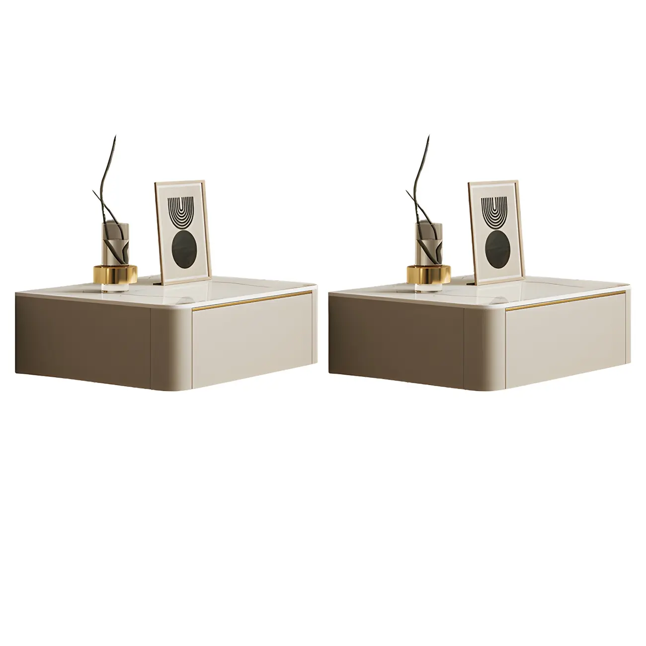 Low Beige Leather Stone Top Floating Nightstand with Drawer