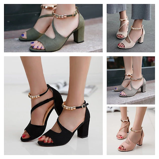 Women's Sandals Dress Shoes Block Heel Sandals Ankle Strap Sandals Party Office Daily Summer Block Heel Chunky Heel Peep Toe Elegant Classic Casual Suede Ankle Strap Solid Color Black Pink Army Green - Deanwangkt