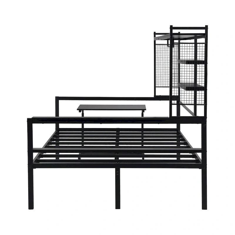 Versatile Daybed with Movable Desk, Metal Sofa Bed Frame with Metal Grid, Shelves and Clothes Hanger, No Box Spring Needed