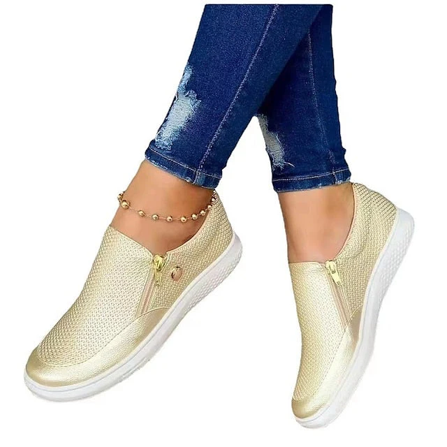 Women's Sneakers Plus Size Slip-on Sneakers White Shoes Outdoor Daily Flat Heel Round Toe Basic Casual Minimalism Walking Shoes Mesh Zipper Solid Color Black White Gold - Deanwangkt