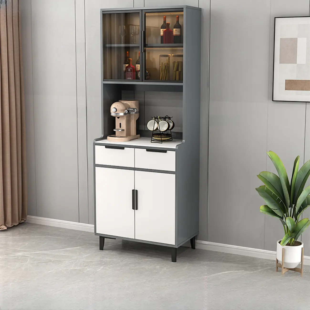 Grey Wood Storage Dining Hutch Cabinet with Drawer