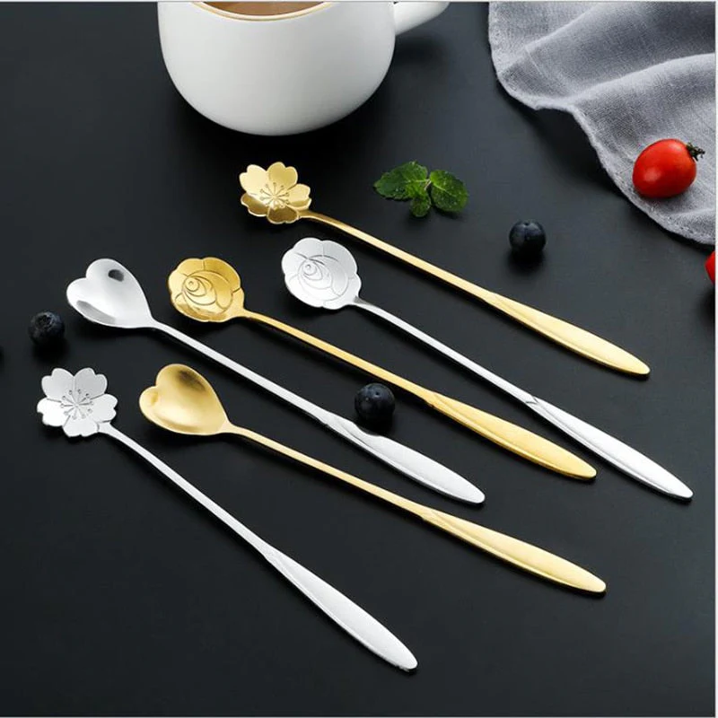 HULIANFU Tea Coffee Mixing Spoon Gold Spoon Long Handle Dessert Stainless Steel Vintage Teaspoons Drink Tableware Flowers Design 1PCS - Deanwangkt