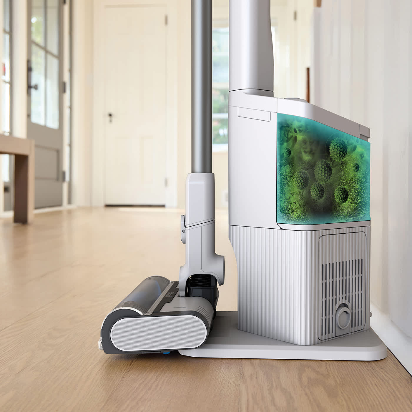 Self-Empty Akku-Staubsauger BU3521EU mit automatischem Entleerungssystem und Ladestation auf Parkettboden Self-Empty Akku-Staubsauger BU3521EU mit automatischem Entleerungssystem und Ladestation auf Parkettboden