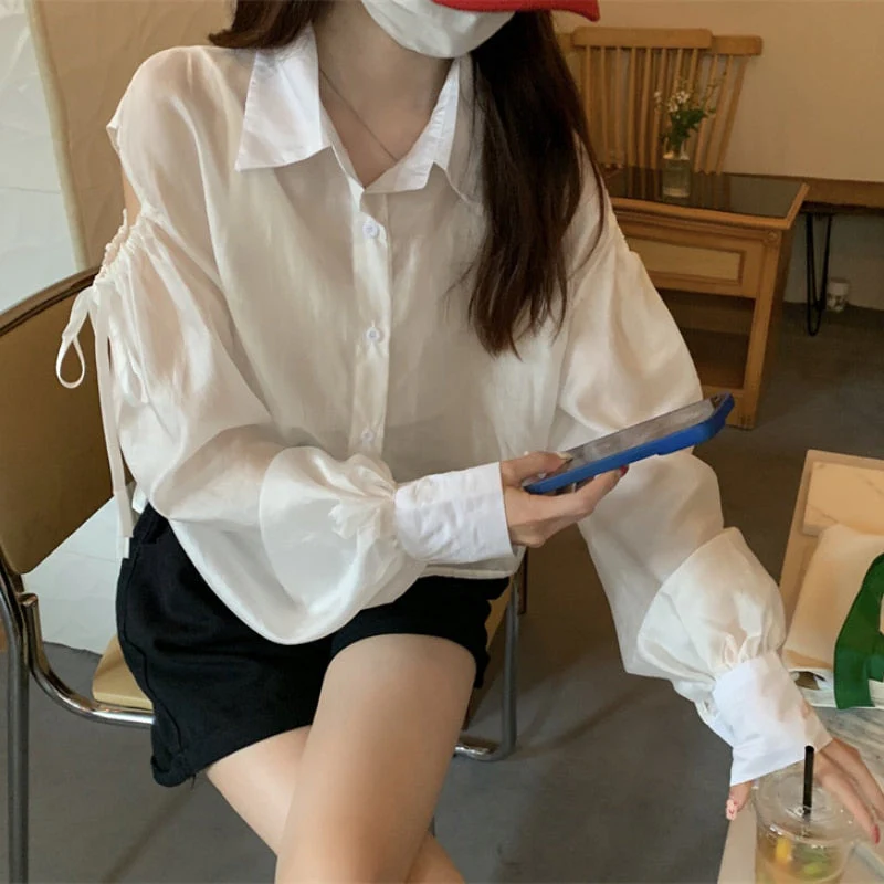 Hulianfu Shirts Women Hole Temperament Sun-proof Ins Vacation Thin Korean Style Sheer Off-shoulder BF Топ Женский Summer Students Beach - Deanwangkt