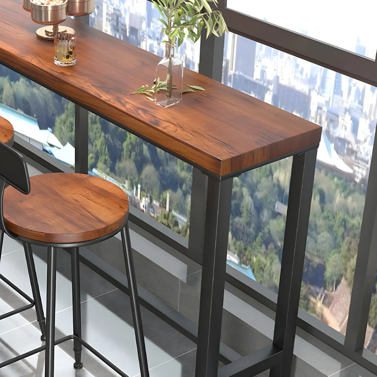 Rectangle Brown Wooden Bar Table With Footrest