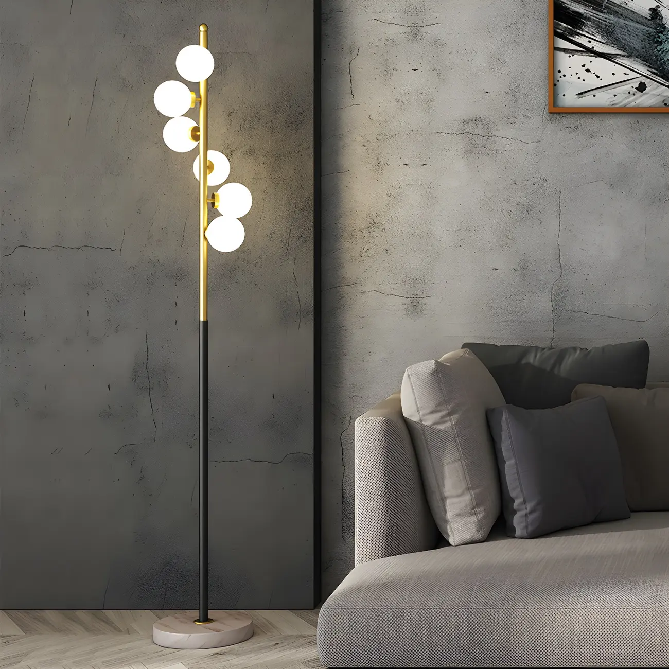 Modern 6-Light Curved Globe Glass Metal Vertical Floor Lamp