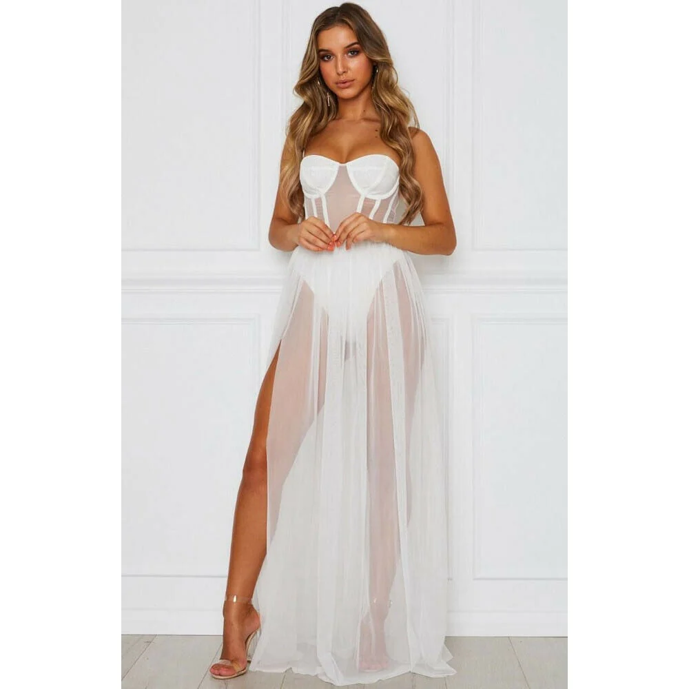 Sexy Women Boho Retro See-through Bodycon Spaghetti Strap Long Dress Elastic High Waist Party Summer Beach Bodysuit Sundress - Deanwangkt