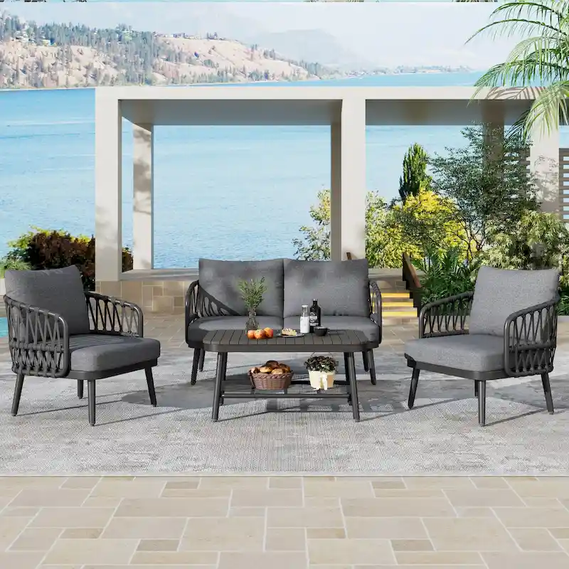 4-Piece Outdoor Patio Furniture Set, All Weather Sectional Furniture Set with Woven Rope Chairs and Coffee Table