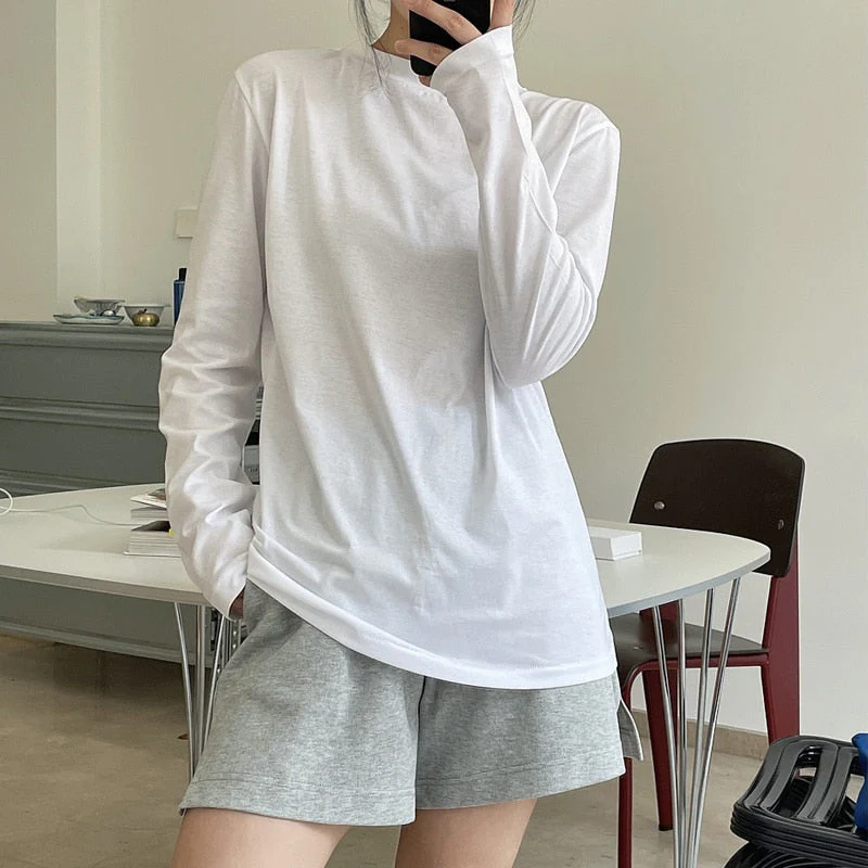 Hulianfu Summer Women's Casual Solid Color Round Neck Long Sleeve Loose T-Shirt - Deanwangkt
