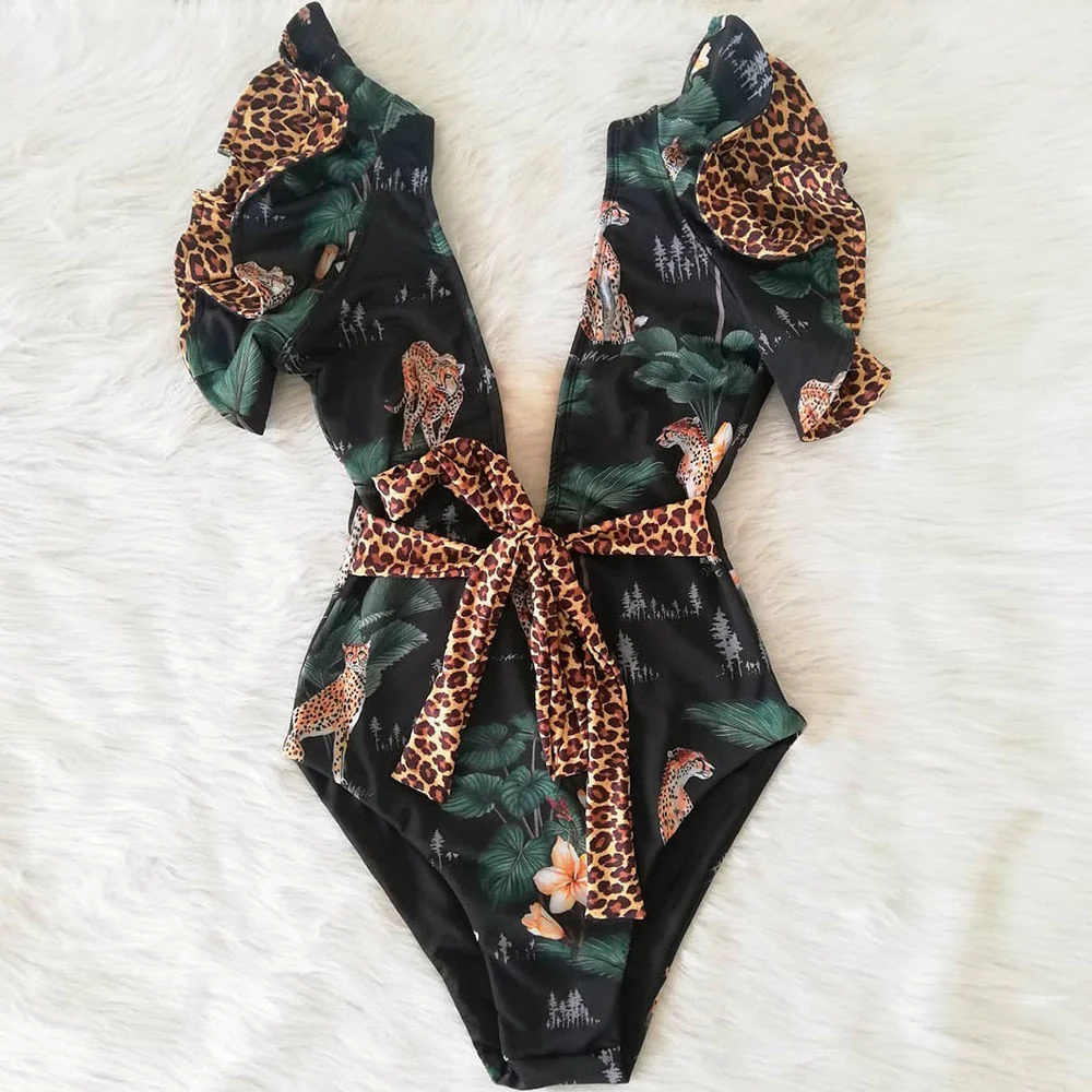New Sexy Ruffle Print Floral One Piece Swimsuit Off The Shoulder Swimwear Women Solid Deep-V Beachwear Bathing Suit Monkini - Deanwangkt