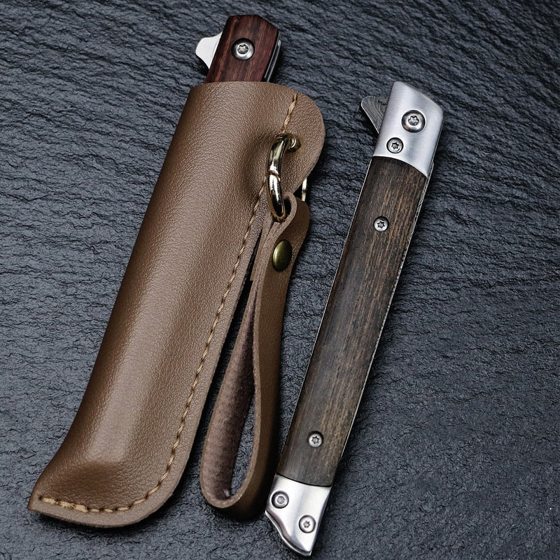 HULIANFU M390 Steel Folding Knife with Holster Wooden Handle Damascus Pattern High Hardness Outdoor Hunting Knife  Camping Survival Tools - Deanwangkt
