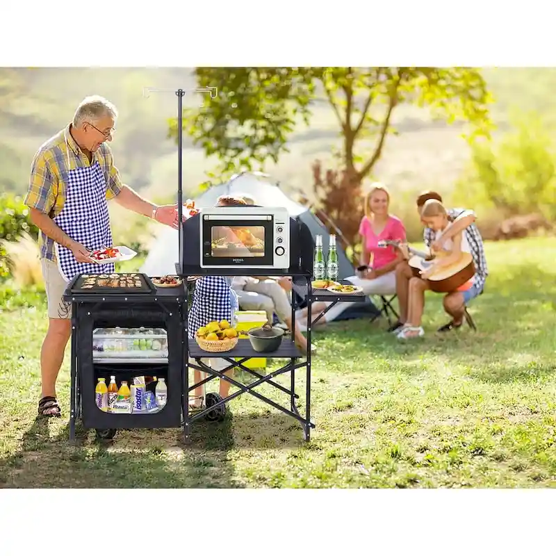 Camping Kitchen Station, Camping Table, Picnic Table, Grill Table Folding Table, Upgrade Light Stand & Windshield Cook Station