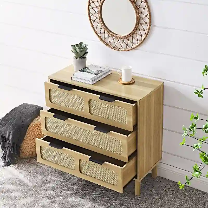 Grondin Mid-Century Modern Boho Style 3 Rattan Drawers Chest with MDF Frame and Solid Wood Legs, Chest of Drawers