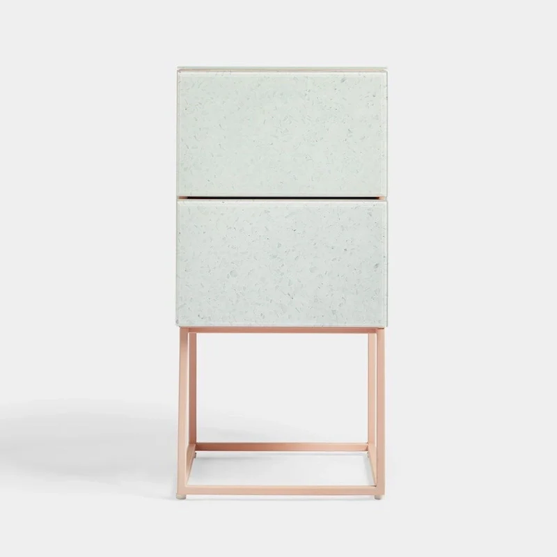 Tempered Glass Marble Stone Double Drawer Nightstand Bedside Table for Bedroom, Living Room