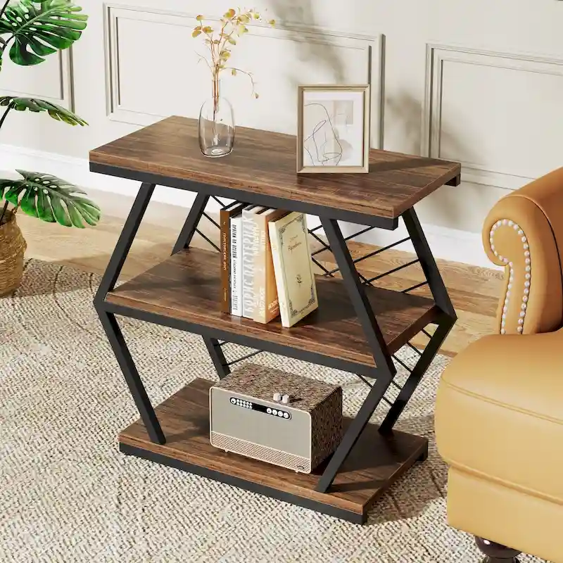 3-tier Rectangular End Side Table with Metal Frame for Living Room, Nightstand Bedside Table for Bedroom