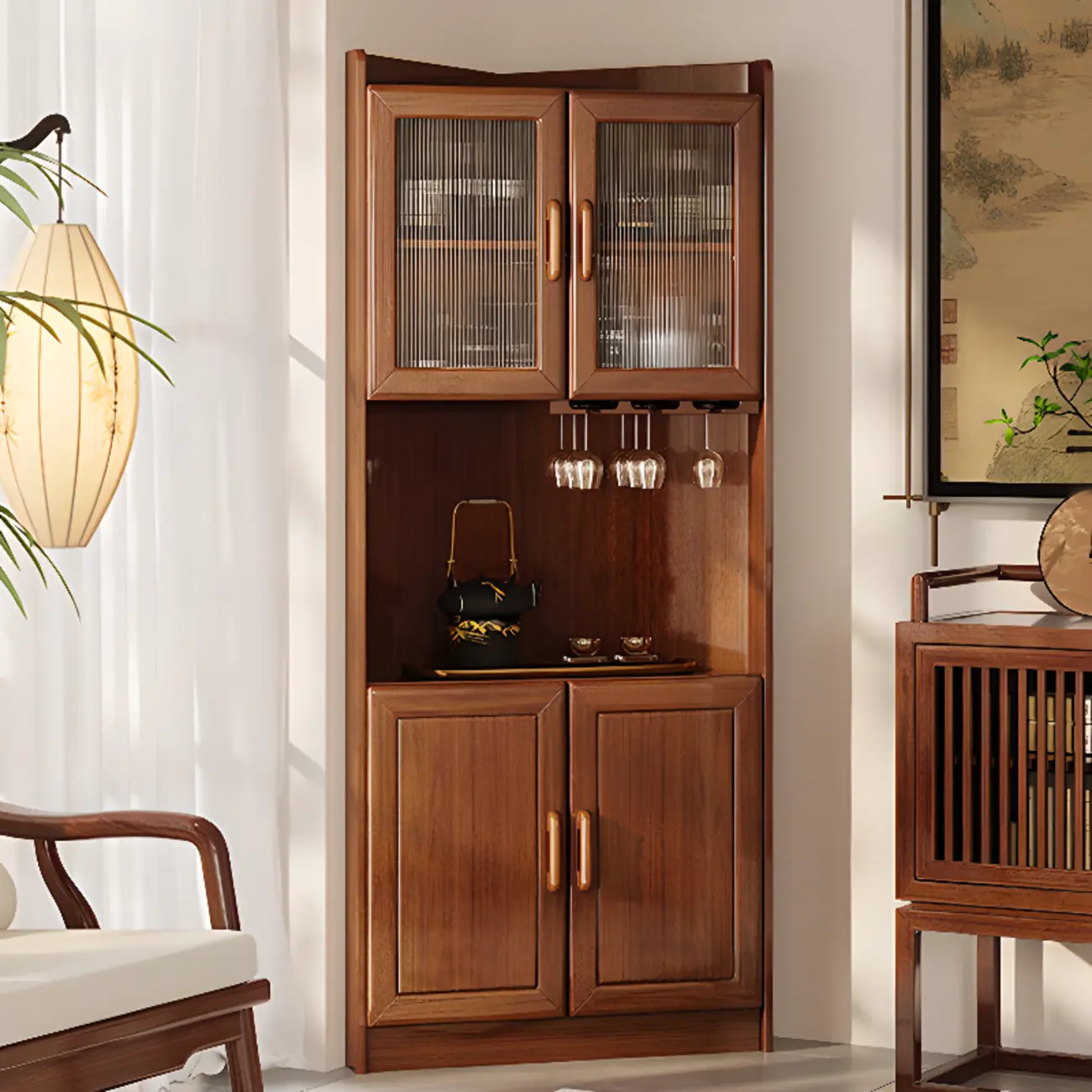 Scandinavian Wooden Corner Utility Cabinet with Stemware Holder