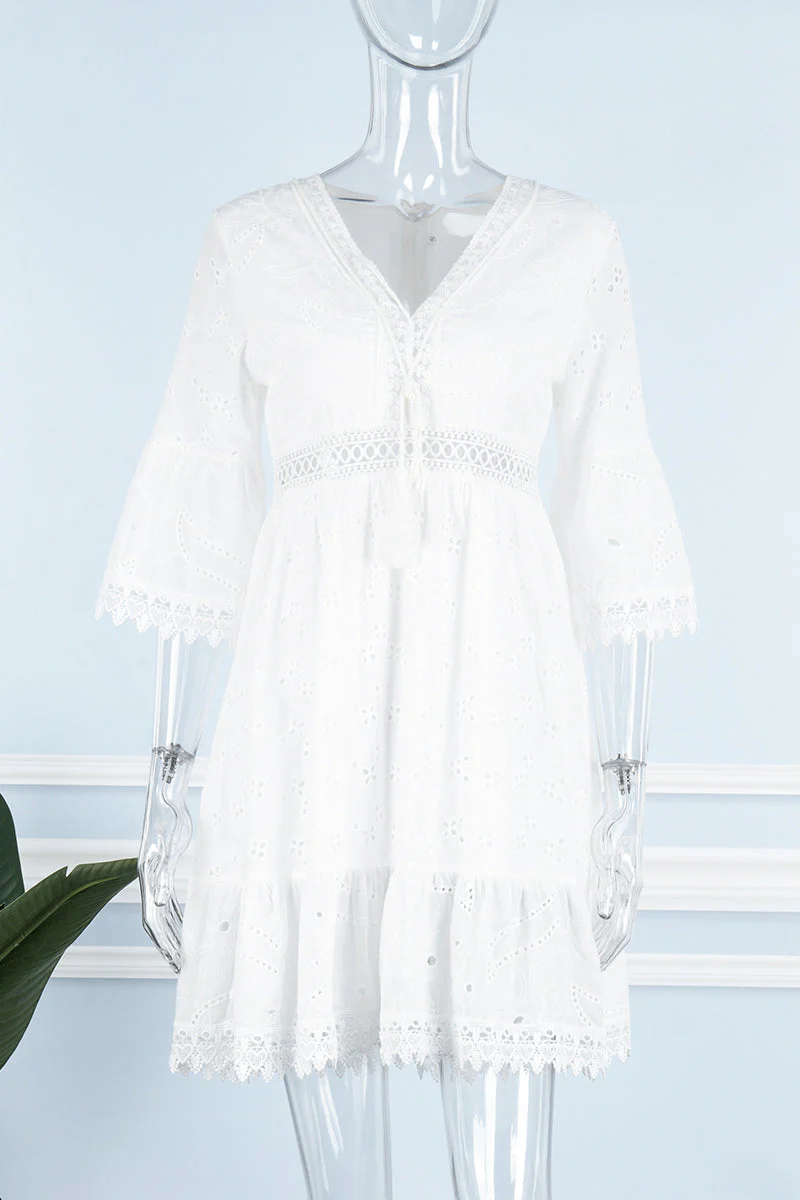 hulianfu - Sweet Elegant Solid Tassel Embroidered Hollowed Out V Neck A Line Dresses - Deanwangkt
