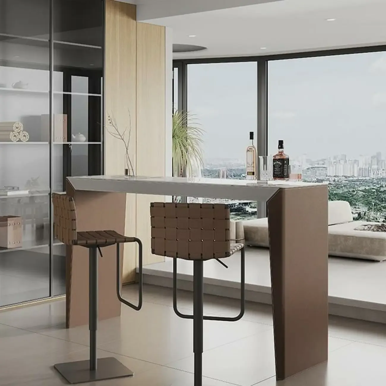 Stylish White Brown Stone Leather-Covered Leg Bar Tables