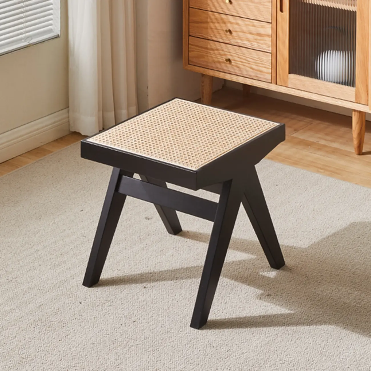 Elegant Rattan Top Finish Wooden Rectangular Cherry Benches