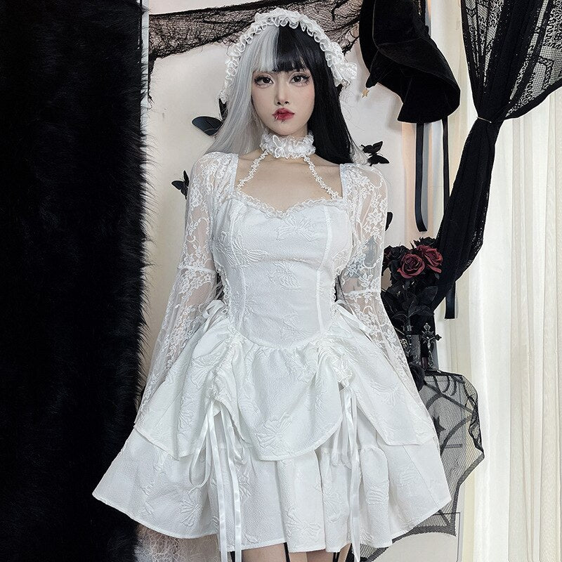 Halter Halloween Cosplay Costumes Gothic Lolita Party Dress White Black Flare Sleeve Fairy Princess Ruffle Cake Kawaii Dresses - Deanwangkt