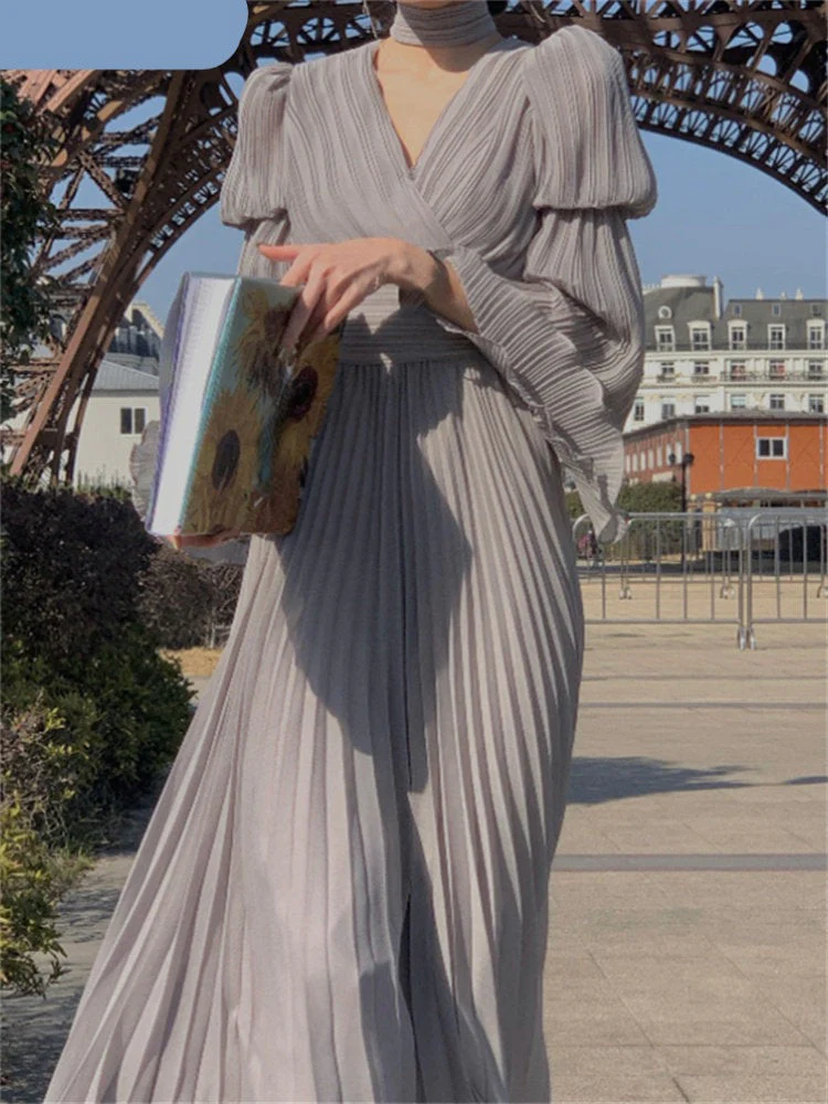 Hulianfu V Neck Flare Sleeve White Dress Fashion French Style Long Sleeve Dress for Women Elegant Chic Midi Vintage Dress - Deanwangkt
