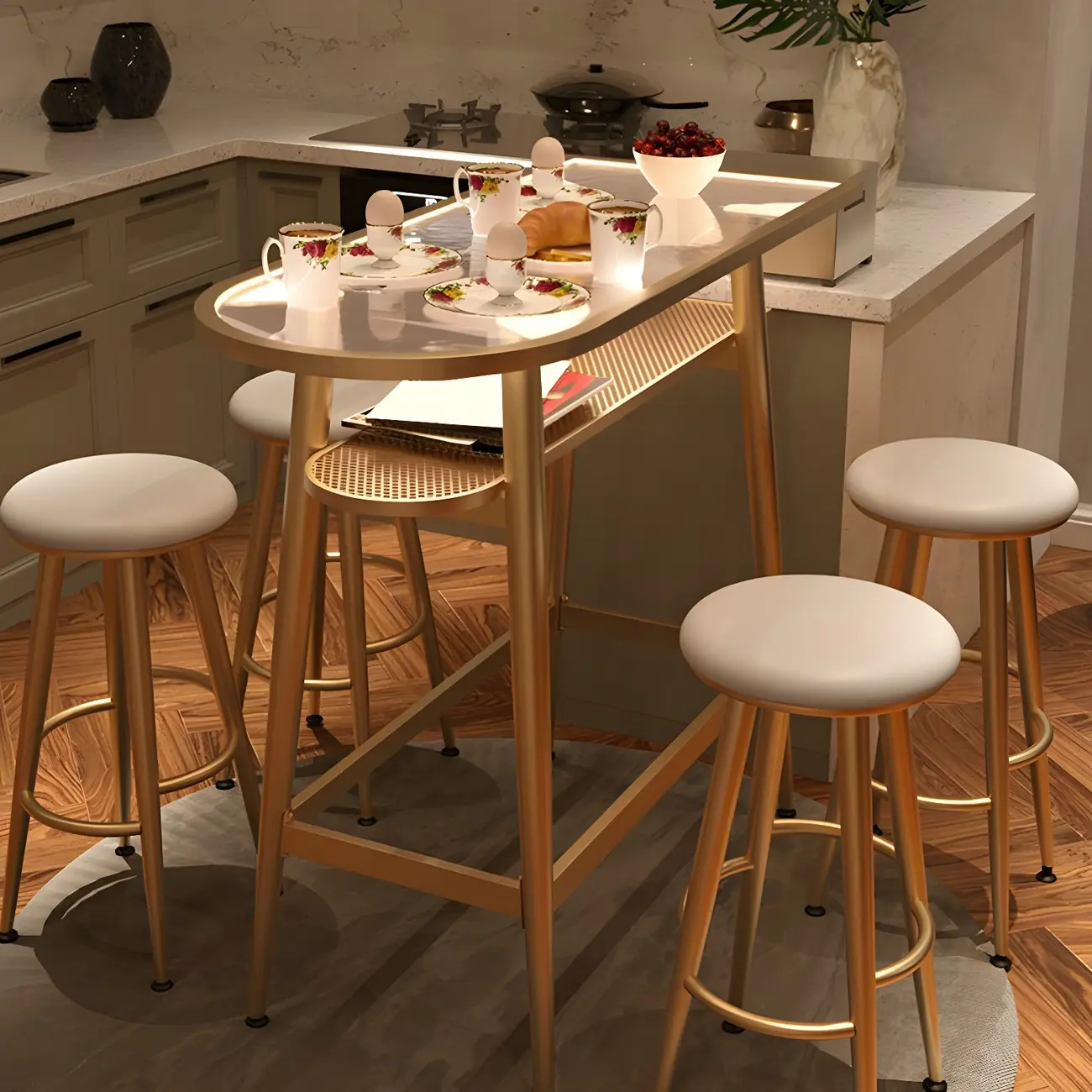 Compact Clear Glass Gold Metal Shelf Free Form Bar Tables