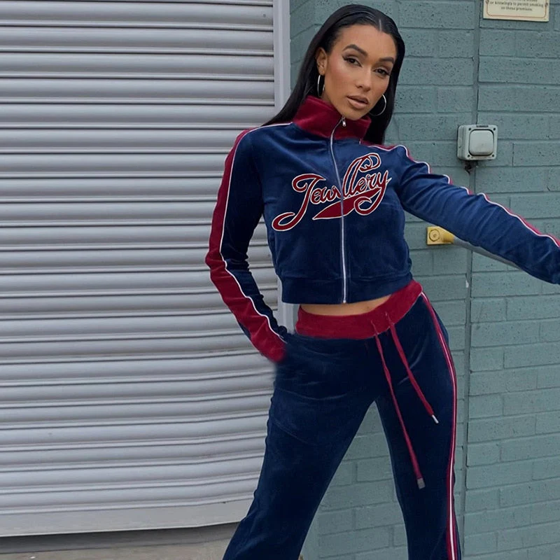 Hulianfu Letter Print Velvet Tracksuit Women 2 Piece Sets Fashion Outfits Female Zipper Sport Activitywear Suits Leisure Streetwear Moda - Deanwangkt
