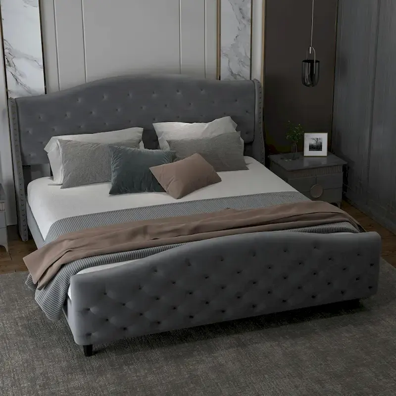 Velvet Upholstered Bed Frame with Wingback Headboard and Footboard