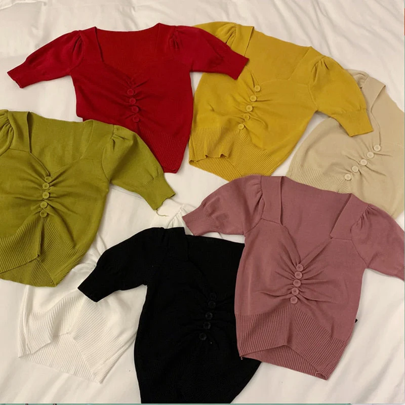 Hulianfu Vintage Puff Short Sleeve V-neck Knitted T-shirts With Decorated Buttons Girls Solid Stretchy Crop Tops Thin Knitwear For Women - Deanwangkt