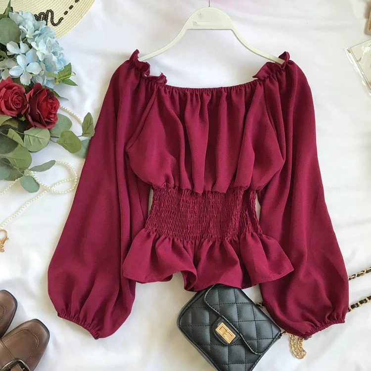 Hulianfu Youth Elegant Blouse Women Chiffon Fashion Blouse Off Shoulder White Shirt Ruffle Puff Sleeve Top Office wear - Deanwangkt
