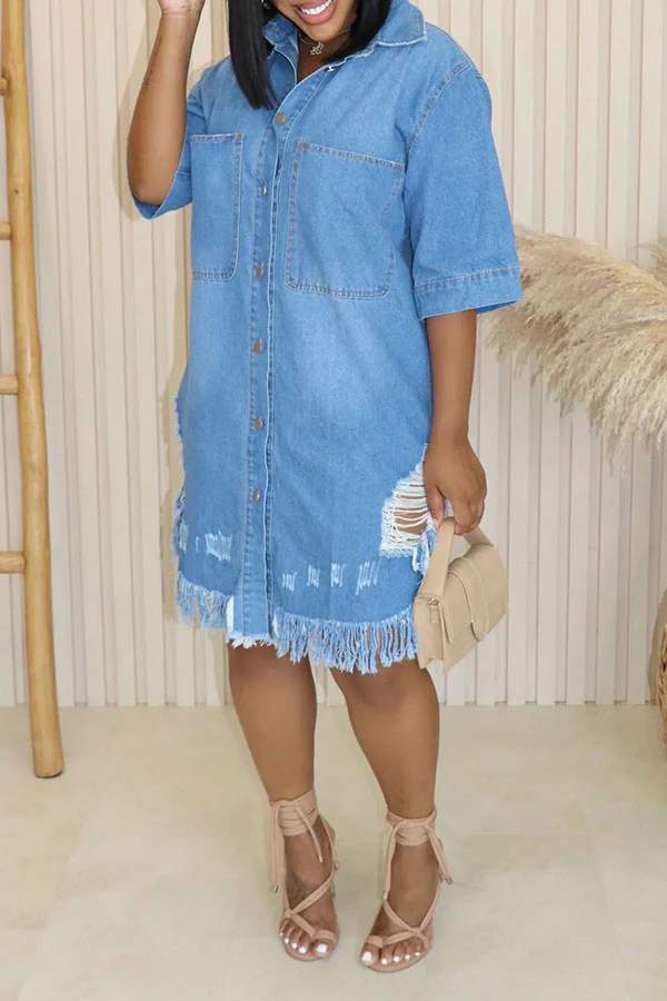 Ripped Denim Relaxed Pocket Button Midi Dress - Deanwangkt