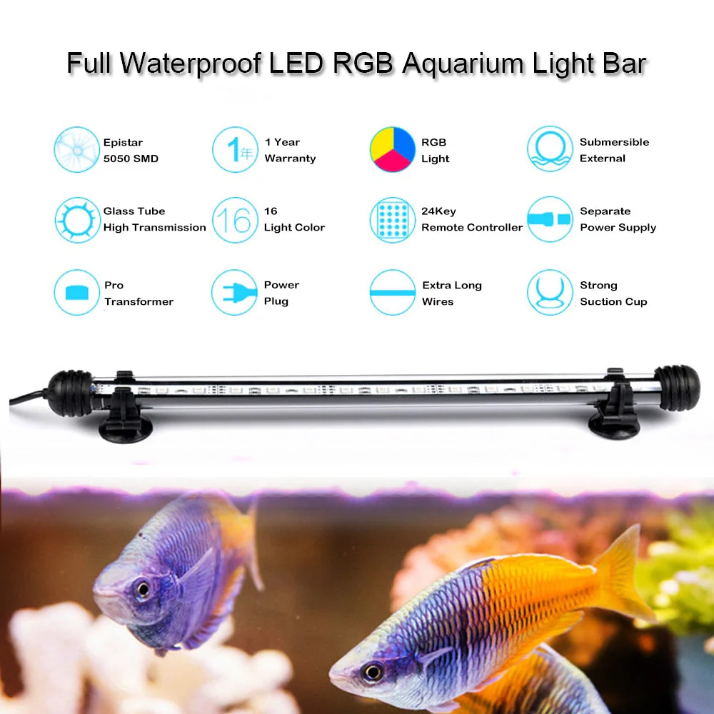 HULIANFU Waterproof LED Aquarium Lights Fish Tank Light Bar Blue/White 19/29/39/49CM Submersible Underwater Clip Lamp Aquatic Decor EU - Deanwangkt