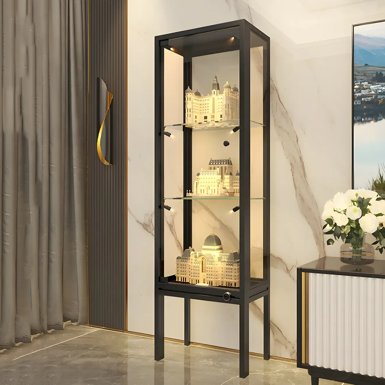Glam Clear Glass Shelf Black Metal Frame Curio Cabinet