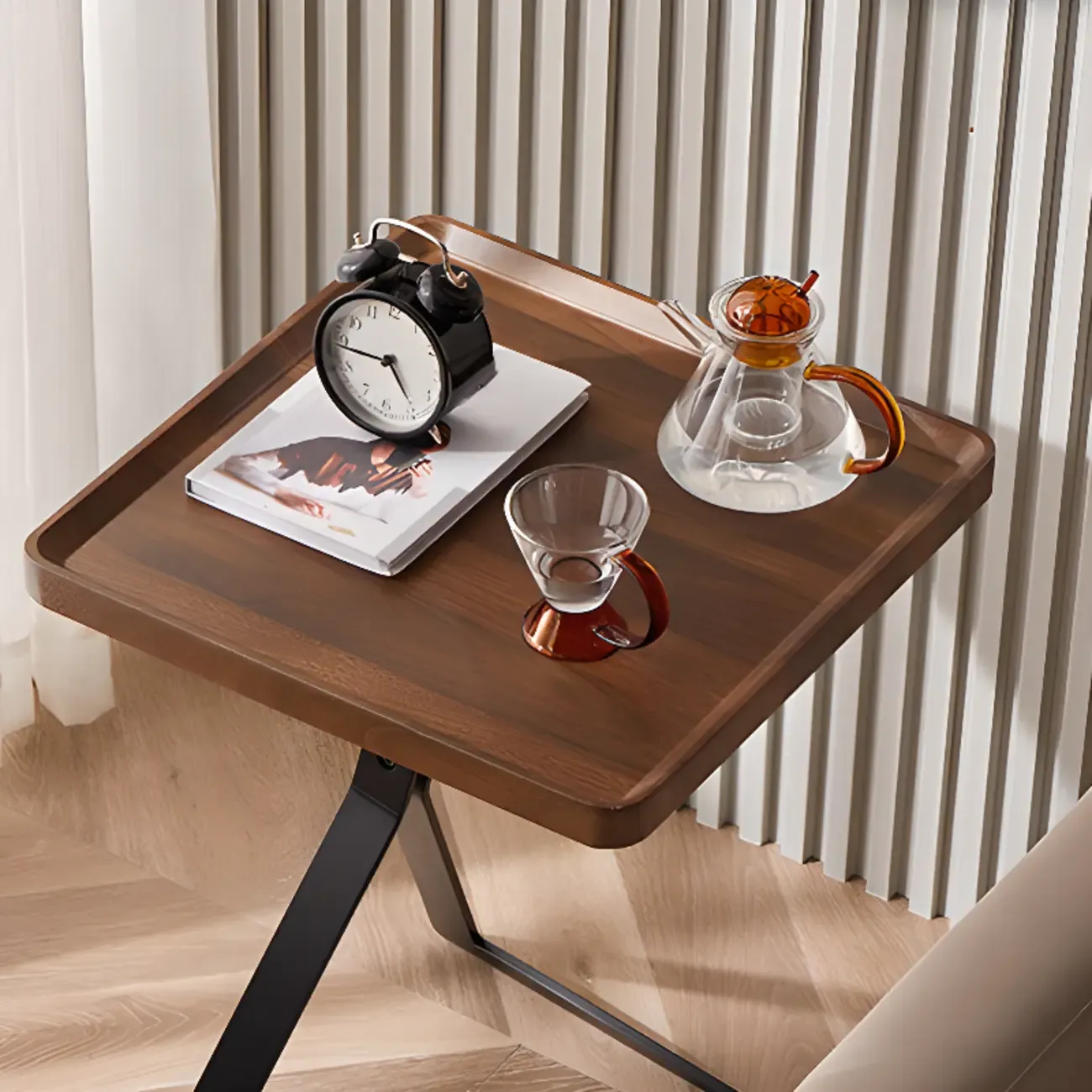 C-Shpaed Brown Wood Round Side Table with Metal Legs