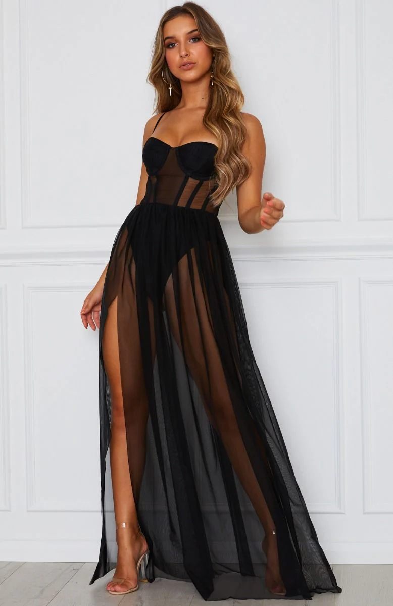 Sexy Women Boho Retro See-through Bodycon Spaghetti Strap Long Dress Elastic High Waist Party Summer Beach Bodysuit Sundress - Deanwangkt